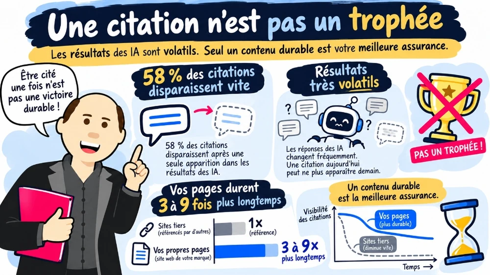 Infographie expliquant la volatilité des citations IA et la durabilité supérieure des pages du site de marque