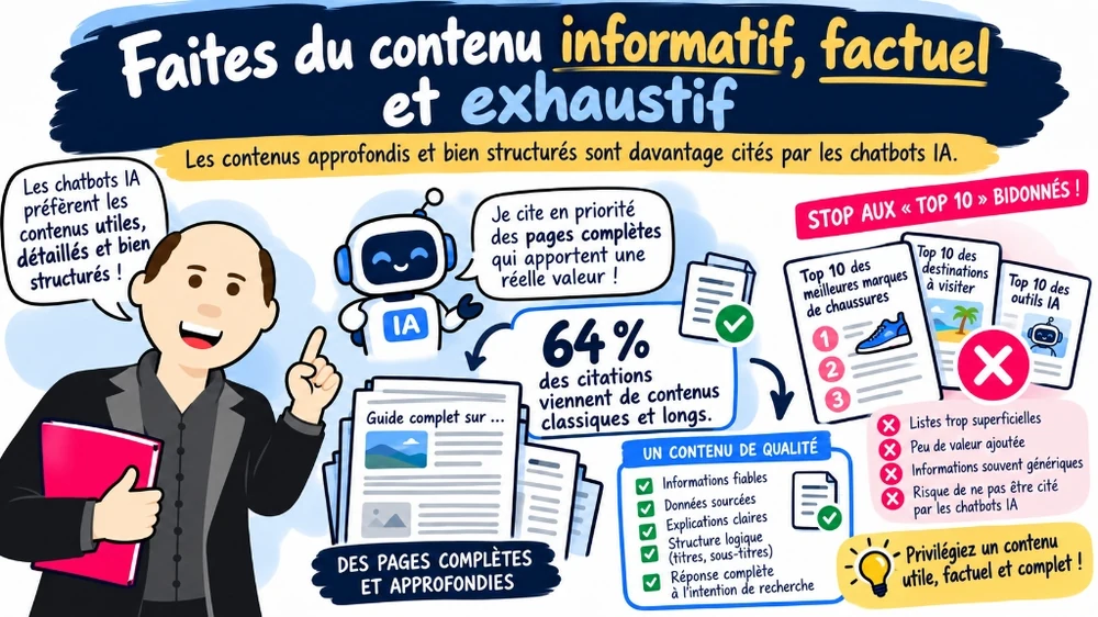Infographie expliquant que les chatbots IA privilégient les contenus longs, approfondis, factuels et bien structurés plutôt que les listicles bidonnés