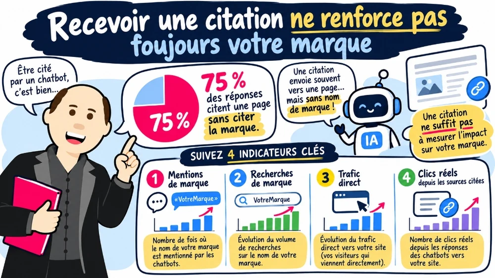 Infographie expliquant pourquoi recevoir une citation ne renforce pas toujours la marque et les 4 indicateurs clés à suivre