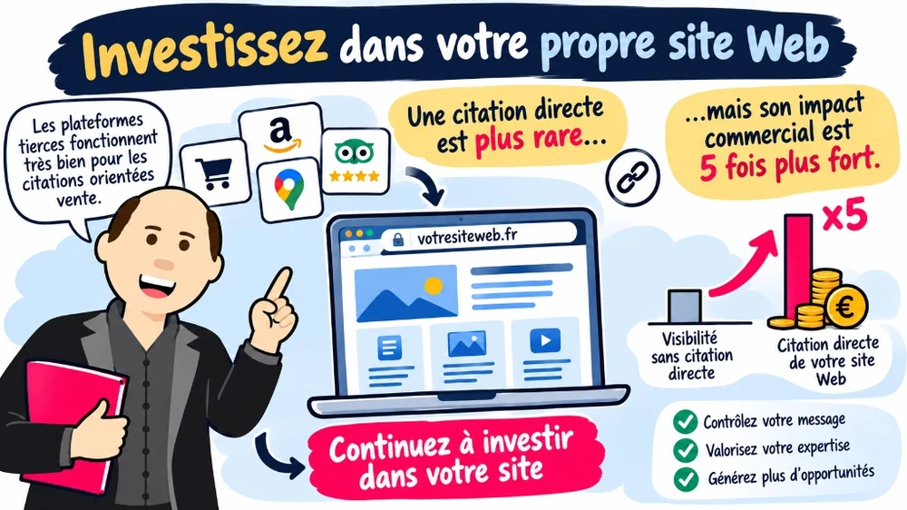Infographie expliquant l'importance d'investir dans son propre site web pour multiplier par 5 l'impact commercial des citations directes de l'IA