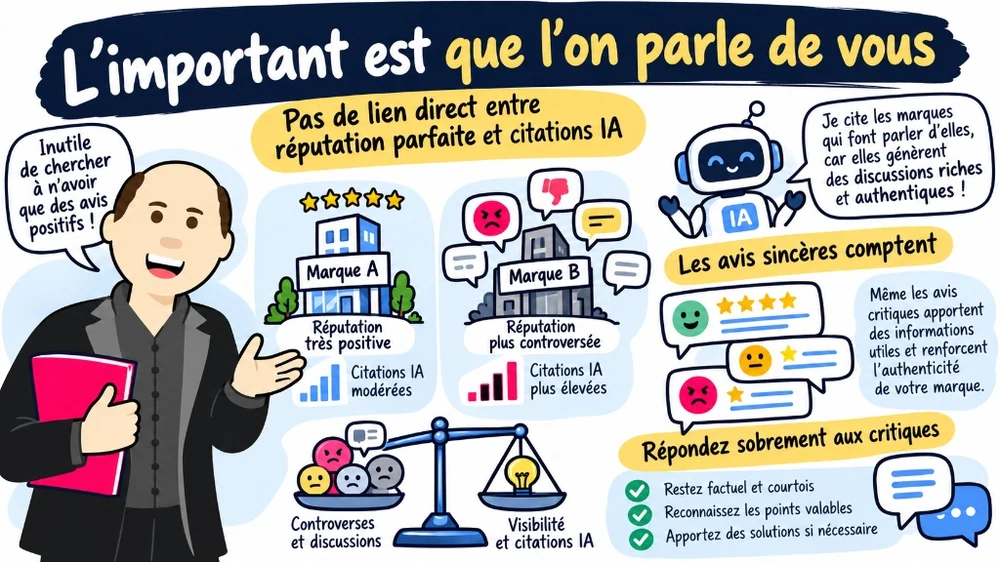 Infographie expliquant qu'il n'y a pas de lien direct entre réputation parfaite et citations IA, et l'importance des avis sincères