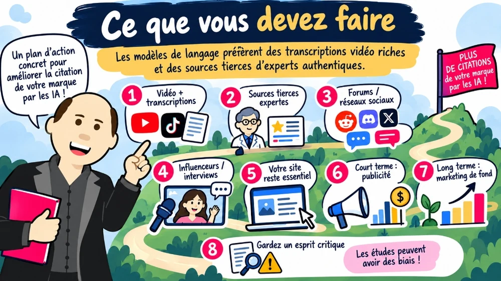 Infographie présentant le plan d'action en 8 étapes pour améliorer la citation de sa marque par les chatbots IA