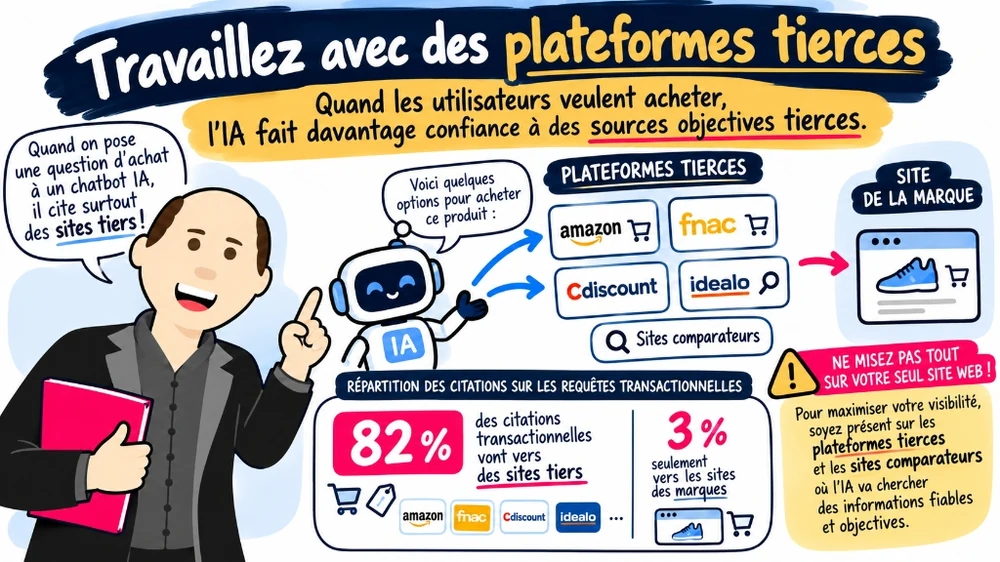 Infographie expliquant pourquoi les chatbots IA privilégient les plateformes tierces et comparateurs pour les requêtes transactionnelles
