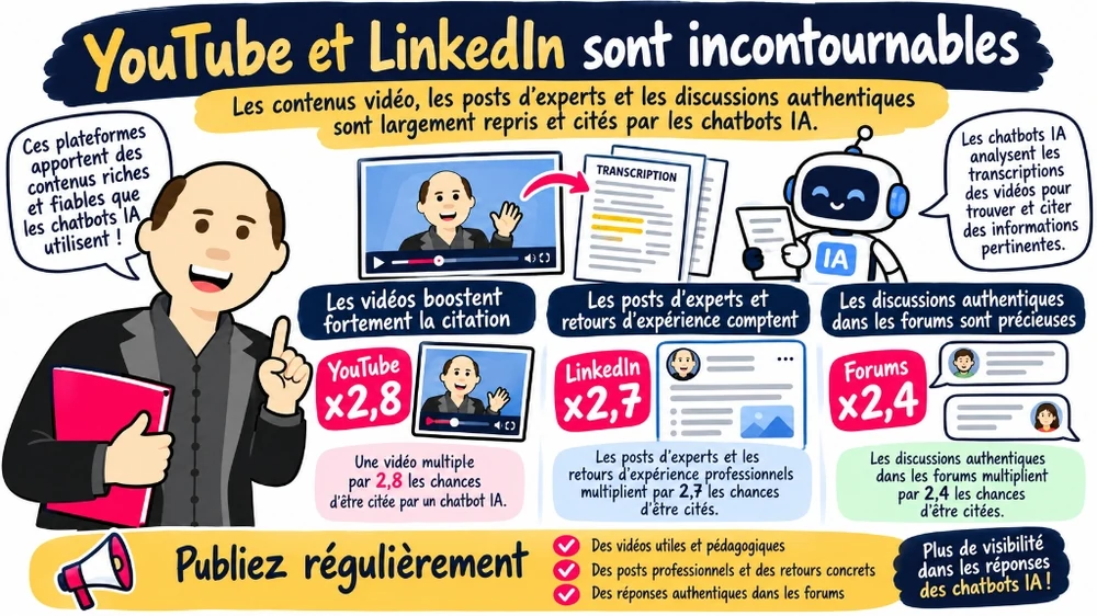 Infographie montrant l'impact des vidéos YouTube, des posts LinkedIn et des forums sur les citations par les chatbots IA