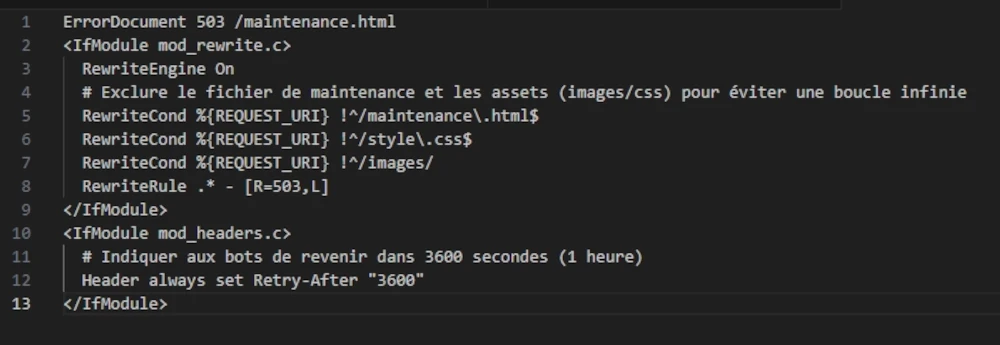 Code pour serveur apache afin de renvoyer un header HTTP 503