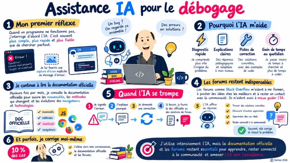 Infographie expliquant les réflexes d'un développeur pour déboguer une application avec l'aide de l'IA, de la documentation officielle et des forums